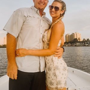 Cream mini dress with blue florals adjustable spaghetti straps size medium